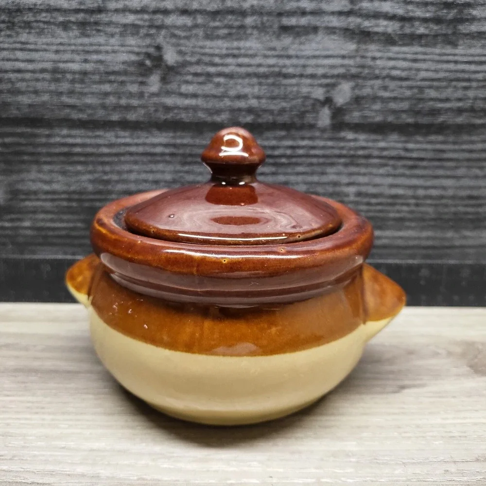 Antique Brown Stoneware Bean Pot with Lid Vintage Ovenware Ramekin 5